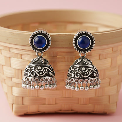 Blue Stone Oxidized Jhumki Earrings