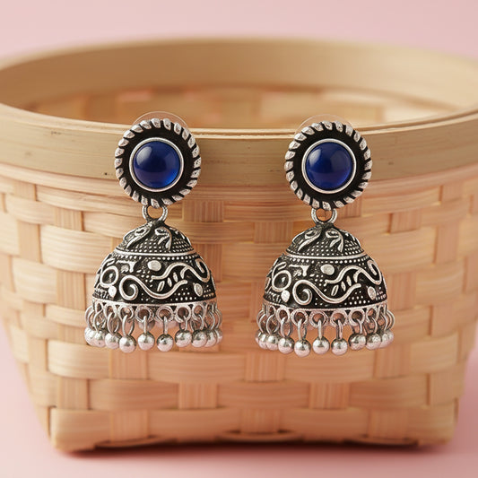 Blue Stone Oxidized Jhumki Earrings