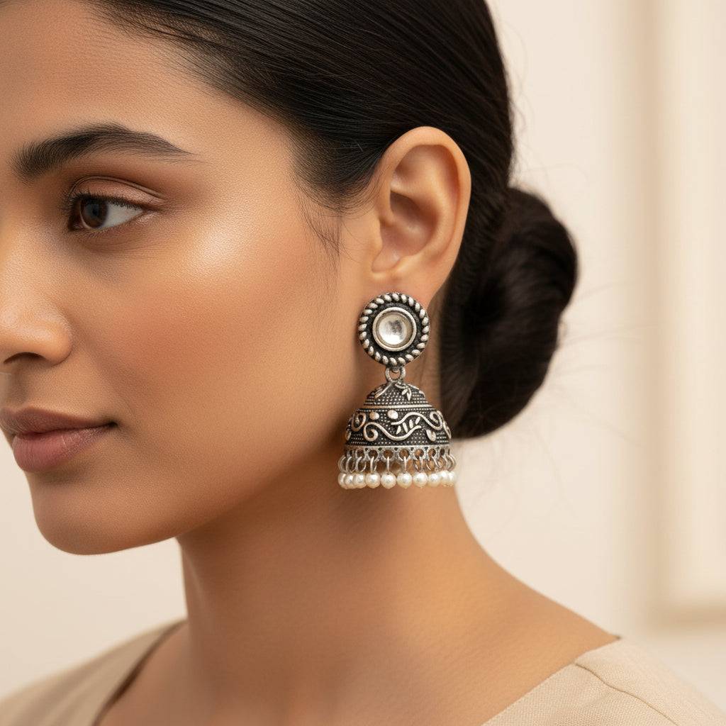 White Stone Oxidized Jhumki Earrings (White)