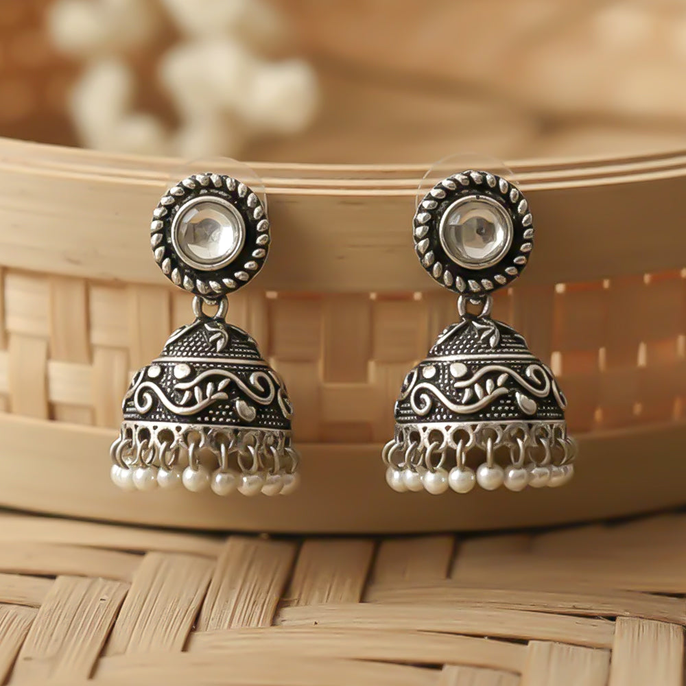White Stone Oxidized Jhumki Earrings (White)