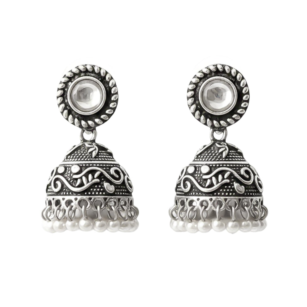 White Stone Oxidized Jhumki Earrings (White)