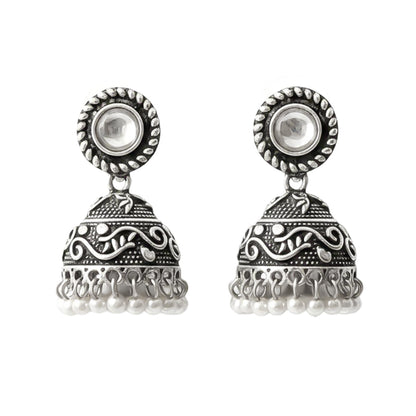 White Stone Oxidized Jhumki Earrings (White)