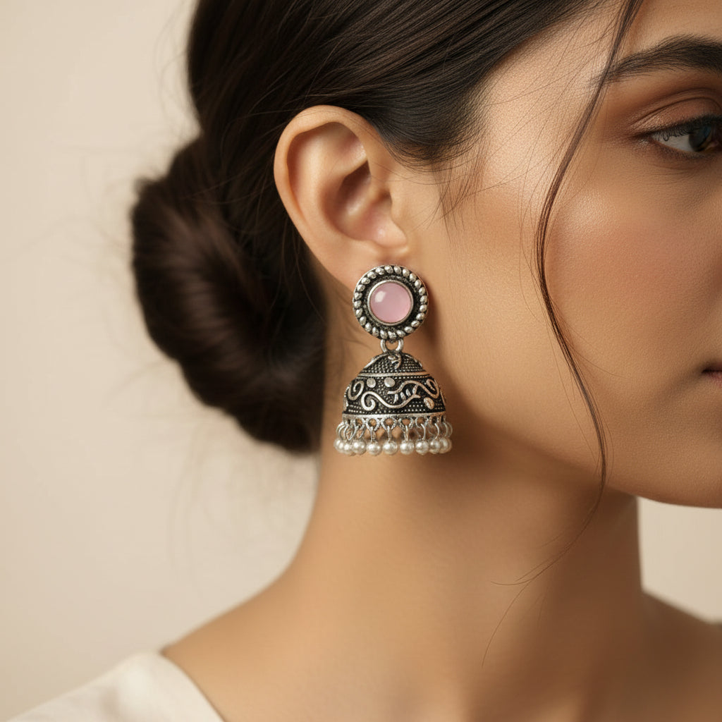 Baby Pink Stone Oxidized Jhumki Earrings
