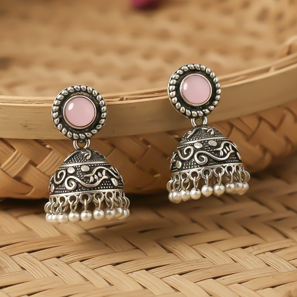 Baby Pink Stone Oxidized Jhumki Earrings