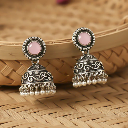 Baby Pink Stone Oxidized Jhumki Earrings