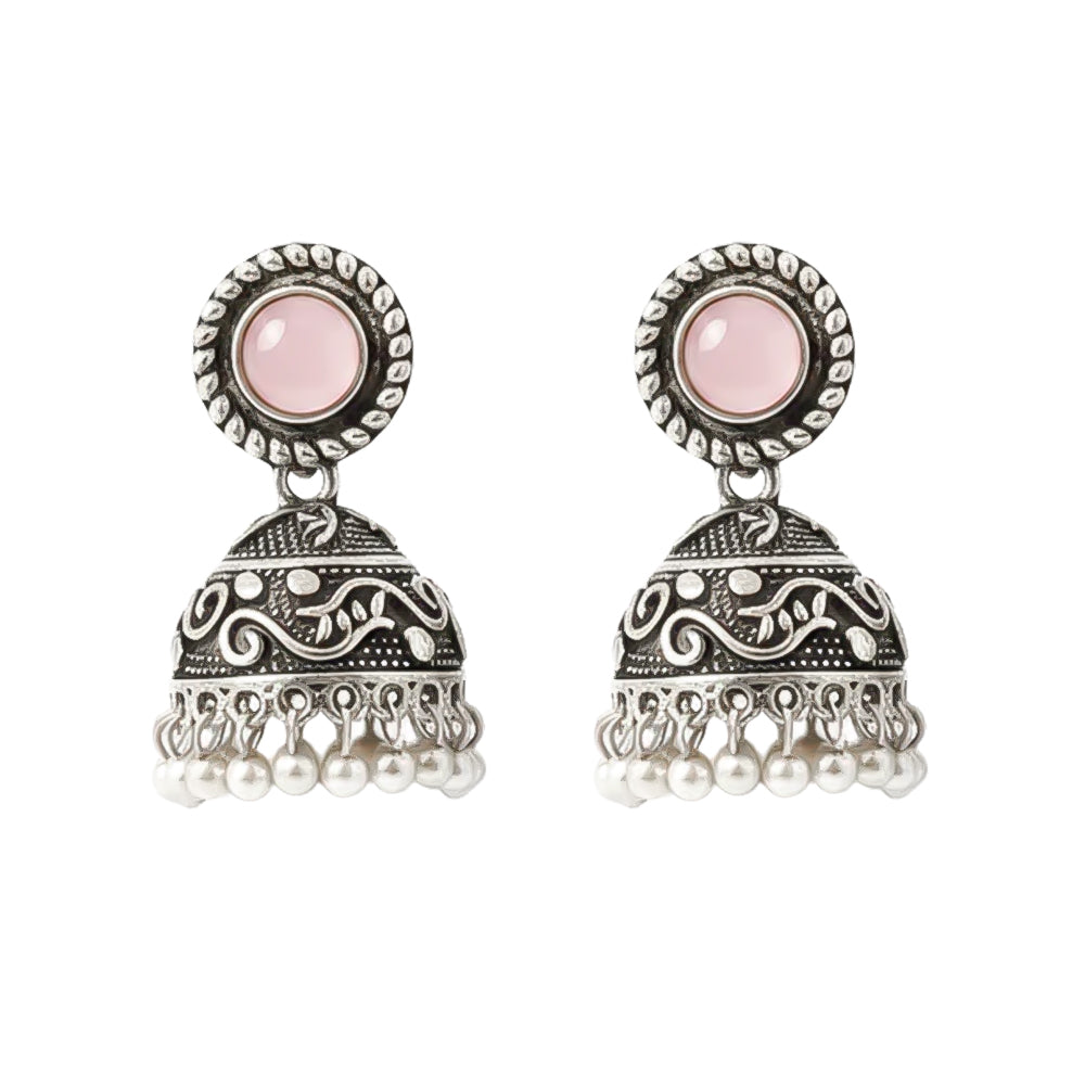 Baby Pink Stone Oxidized Jhumki Earrings