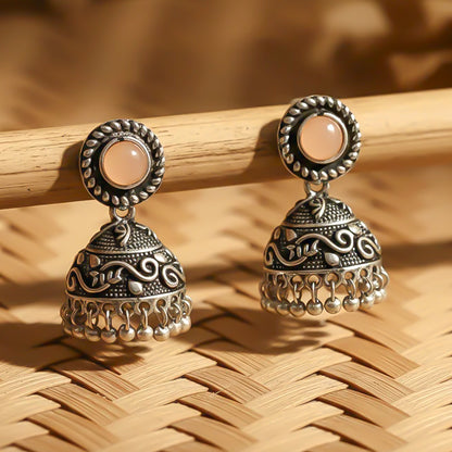 Light Orange Stone Oxidized Jhumki Earrings