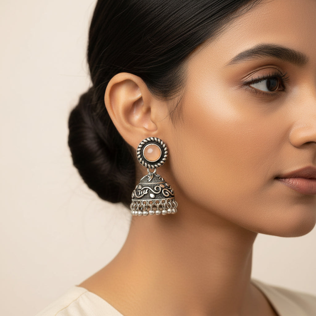 Light Orange Stone Oxidized Jhumki Earrings