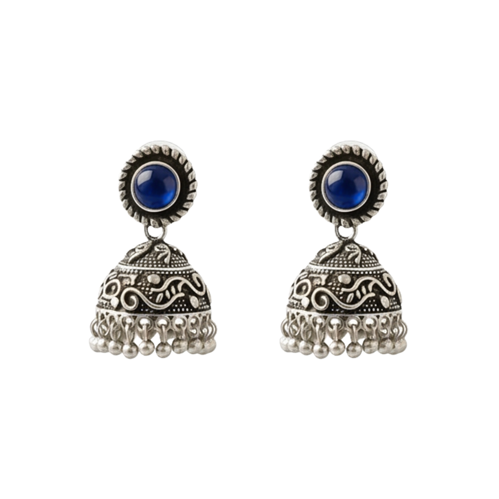 Blue Stone Oxidized Jhumki Earrings