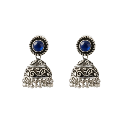 Blue Stone Oxidized Jhumki Earrings