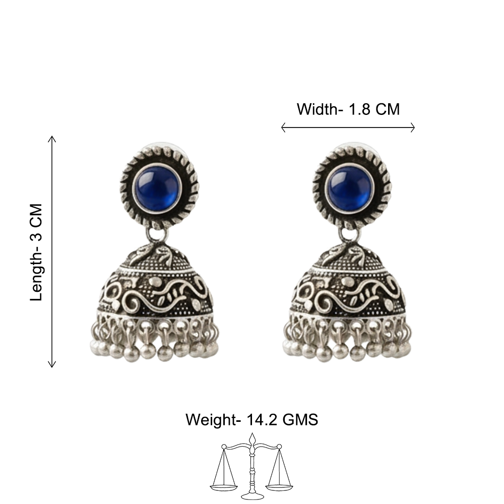 Blue Stone Oxidized Jhumki Earrings