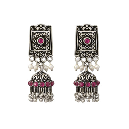 oxidized  jhumka earrings with pearl and Red stone detailin.