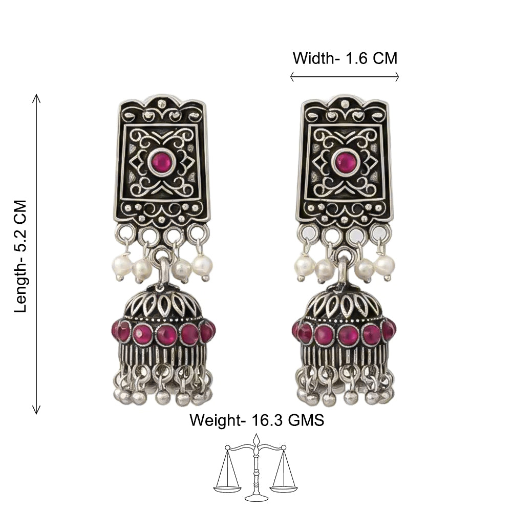 Oxidized  Jhumka Earring with pearl and Red stone detailin.