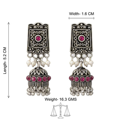 Oxidized  Jhumka Earring with pearl and Red stone detailin.