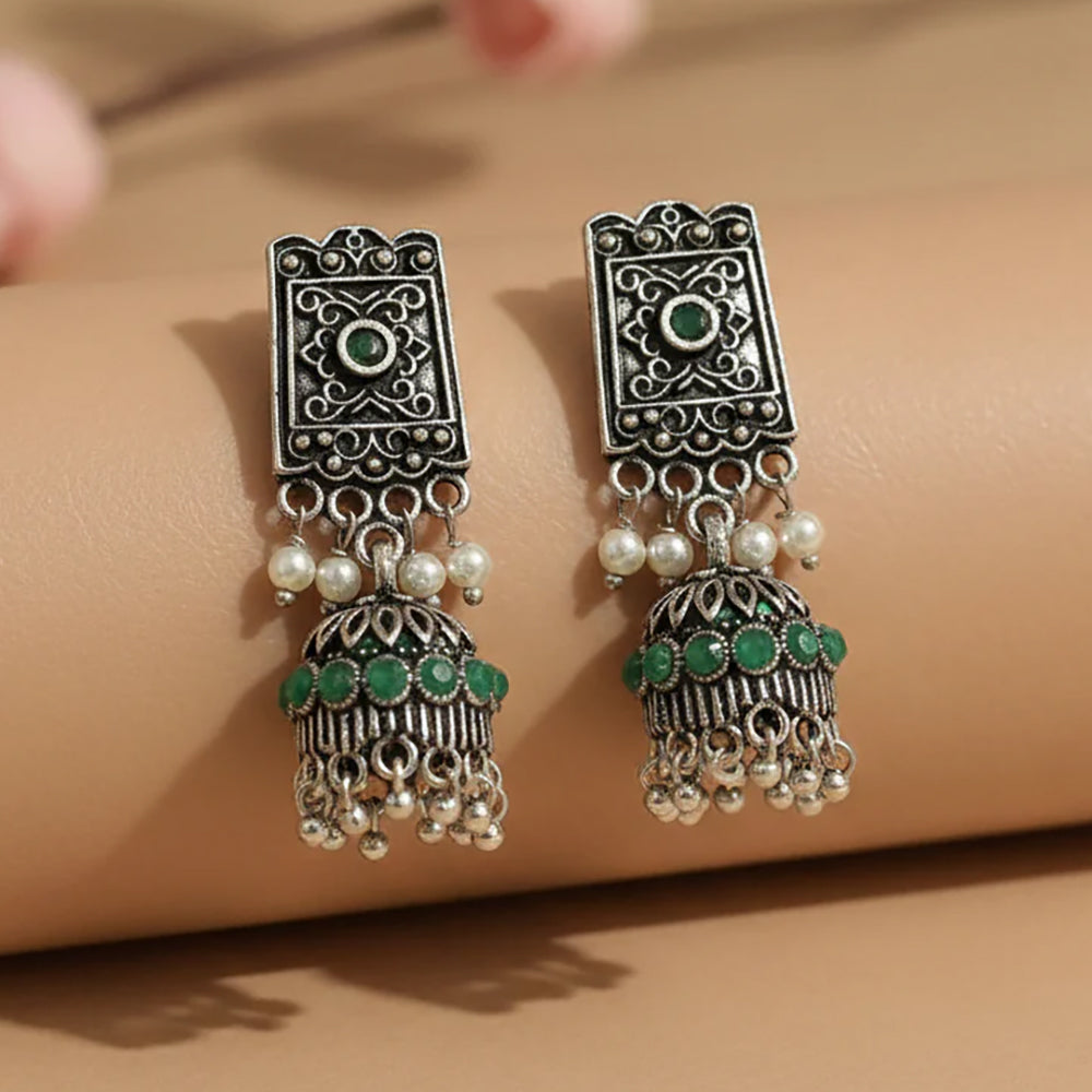 oxidized jhumka earrings with pearl and green stone detailing