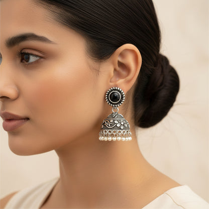 Black Stone Oxidized Jhumki Earrings (Black)