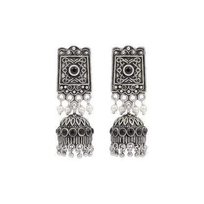 oxidized  jhumka earrings with pearl and Black stone detailing.