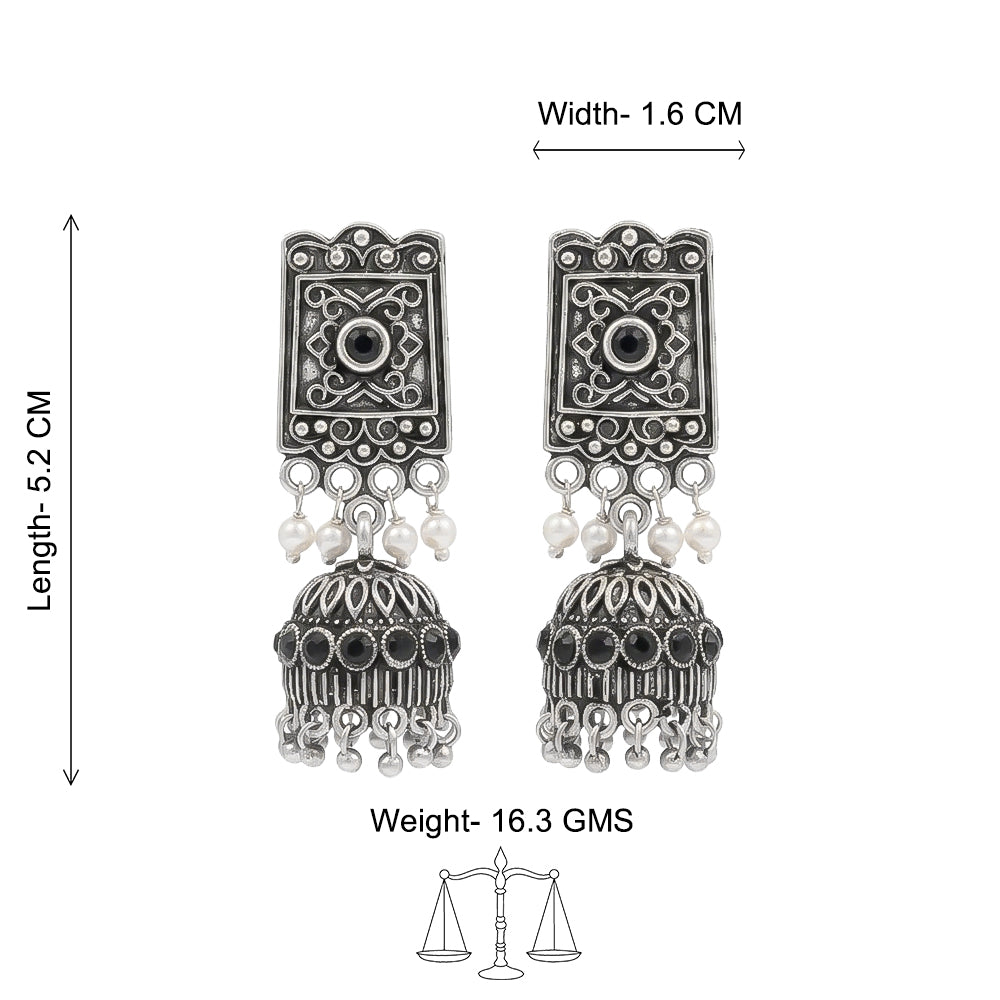 Oxidised  Jhumka Earrings with pearl and Black stone detailing.