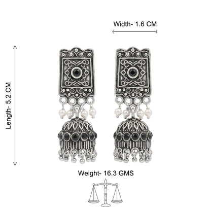 Oxidised  Jhumka Earrings with pearl and Black stone detailing.
