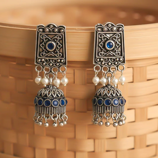 oxidized  jhumka earrings with pearl and Blue stone detailing.