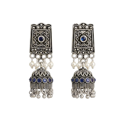 oxidized  jhumka earrings with pearl and Blue stone detailing.