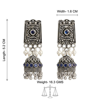 Oxidised  jhumka Earring with pearl and Blue stone detailing.