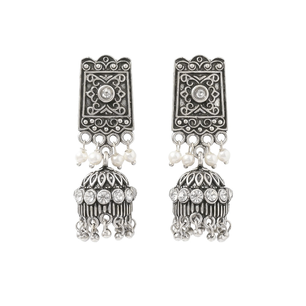 oxidized  jhumka earrings with pearl and white stone detailing.