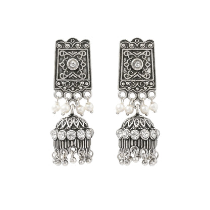 oxidized  jhumka earrings with pearl and white stone detailing.