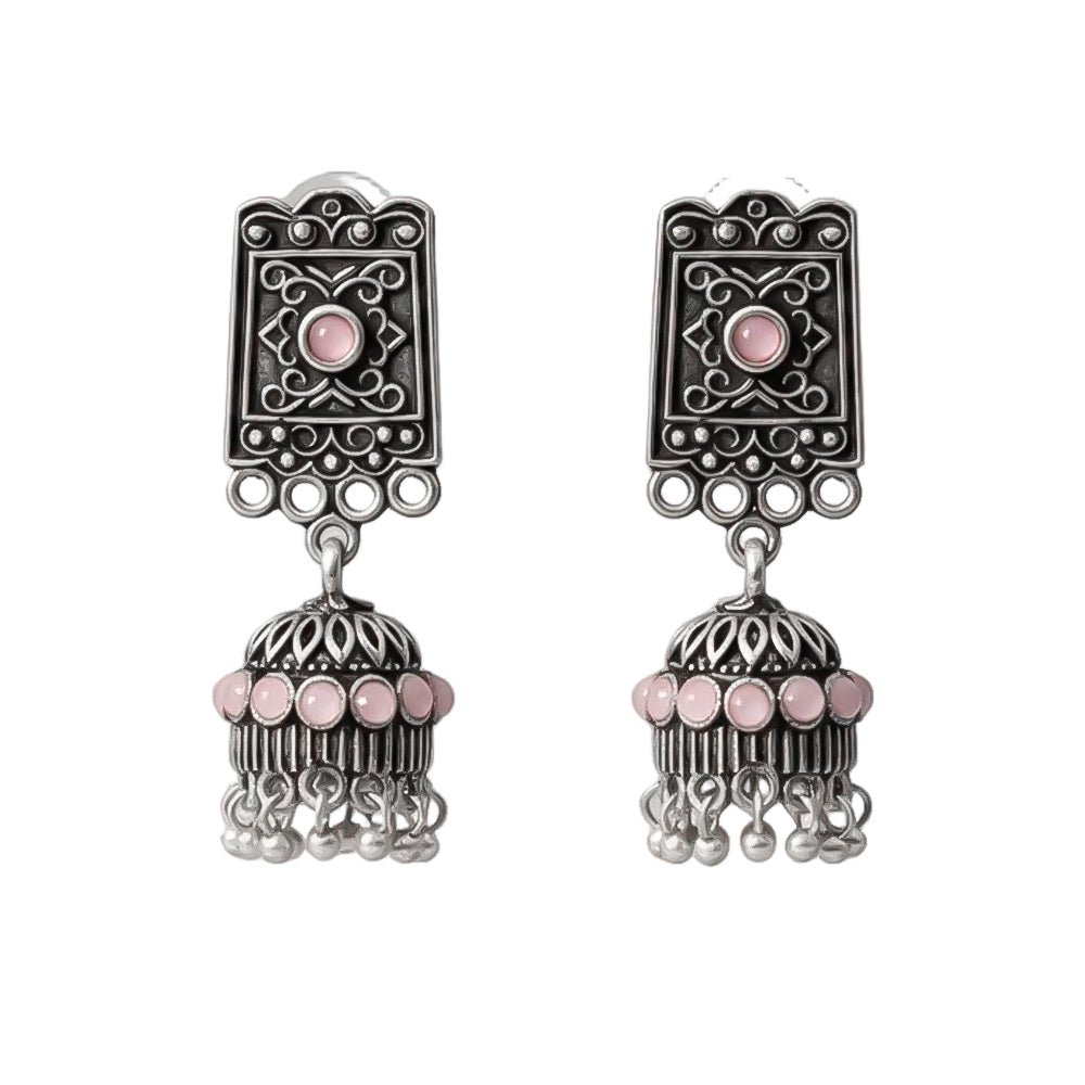 oxidized  jhumka earrings with pearl and baby pink stone detailin.