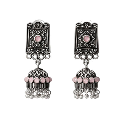 oxidized  jhumka earrings with pearl and baby pink stone detailin.