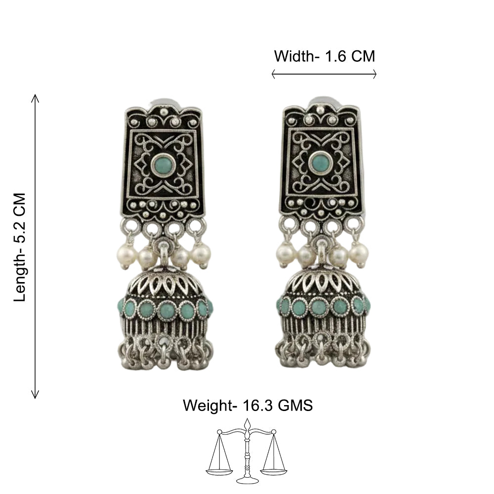 Oxidised  Jhumka Earrings with pearl and Mint stone detailing.