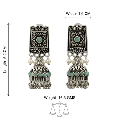 Oxidised  Jhumka Earrings with pearl and Mint stone detailing.