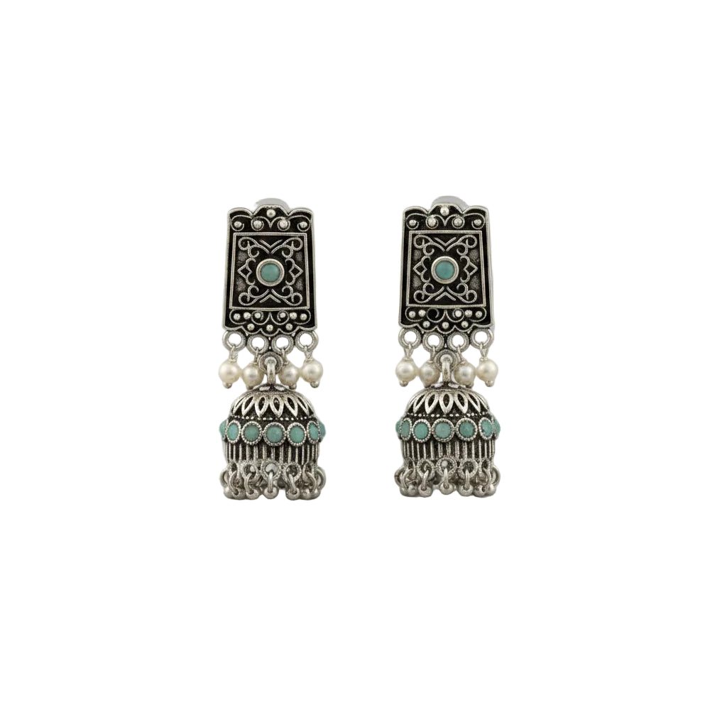 oxidized  jhumka earrings with pearl and mint stone detailing.