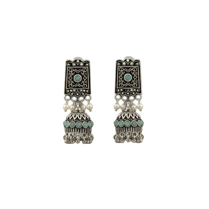 oxidized  jhumka earrings with pearl and mint stone detailing.