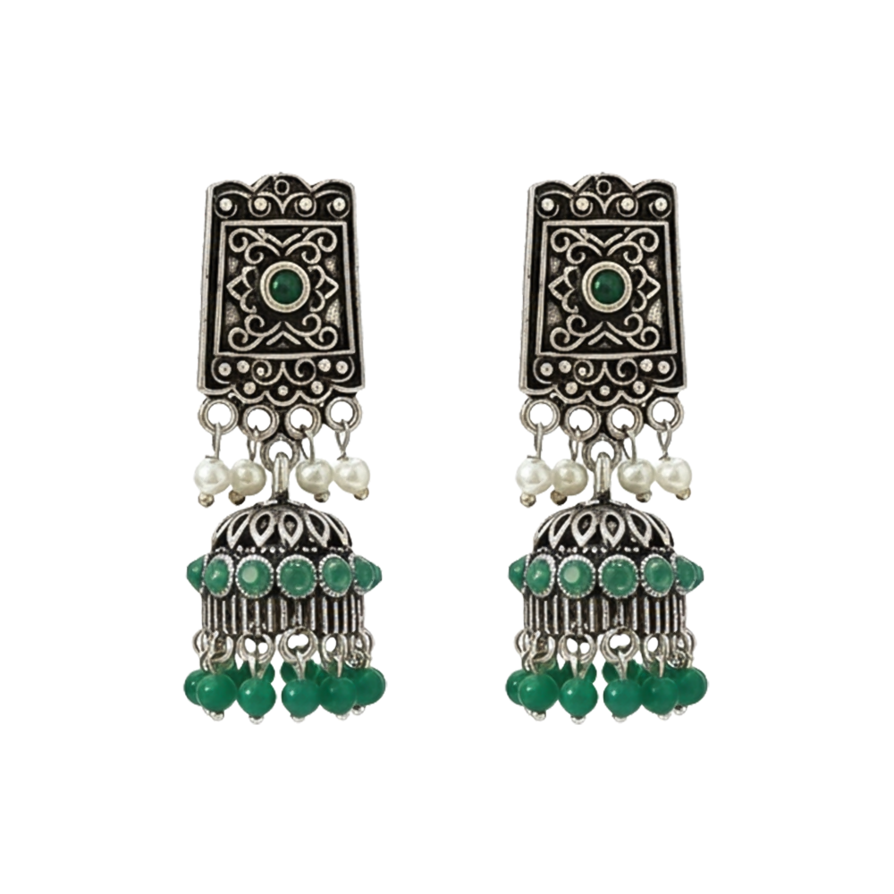 oxidized jhumka earrings with pearl and green stone detailing