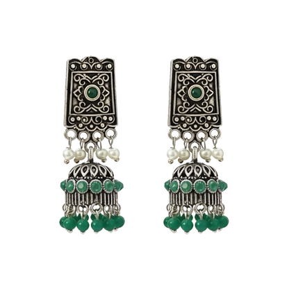 oxidized jhumka earrings with pearl and green stone detailing