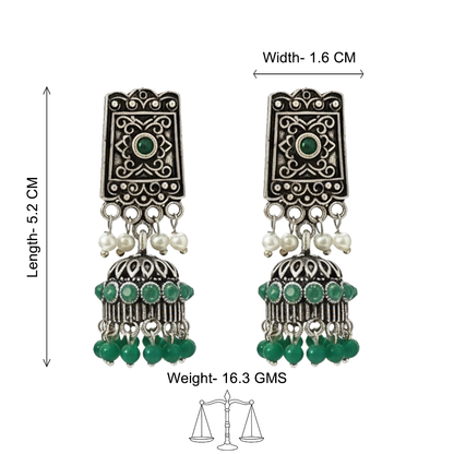 oxidized jhumka earrings with pearl and green stone detailing