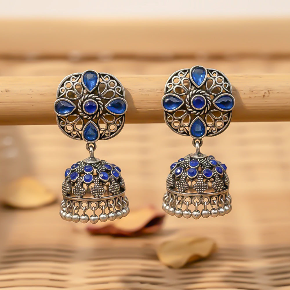 oxidized floral jhumka earrings with Blue stone detailing.