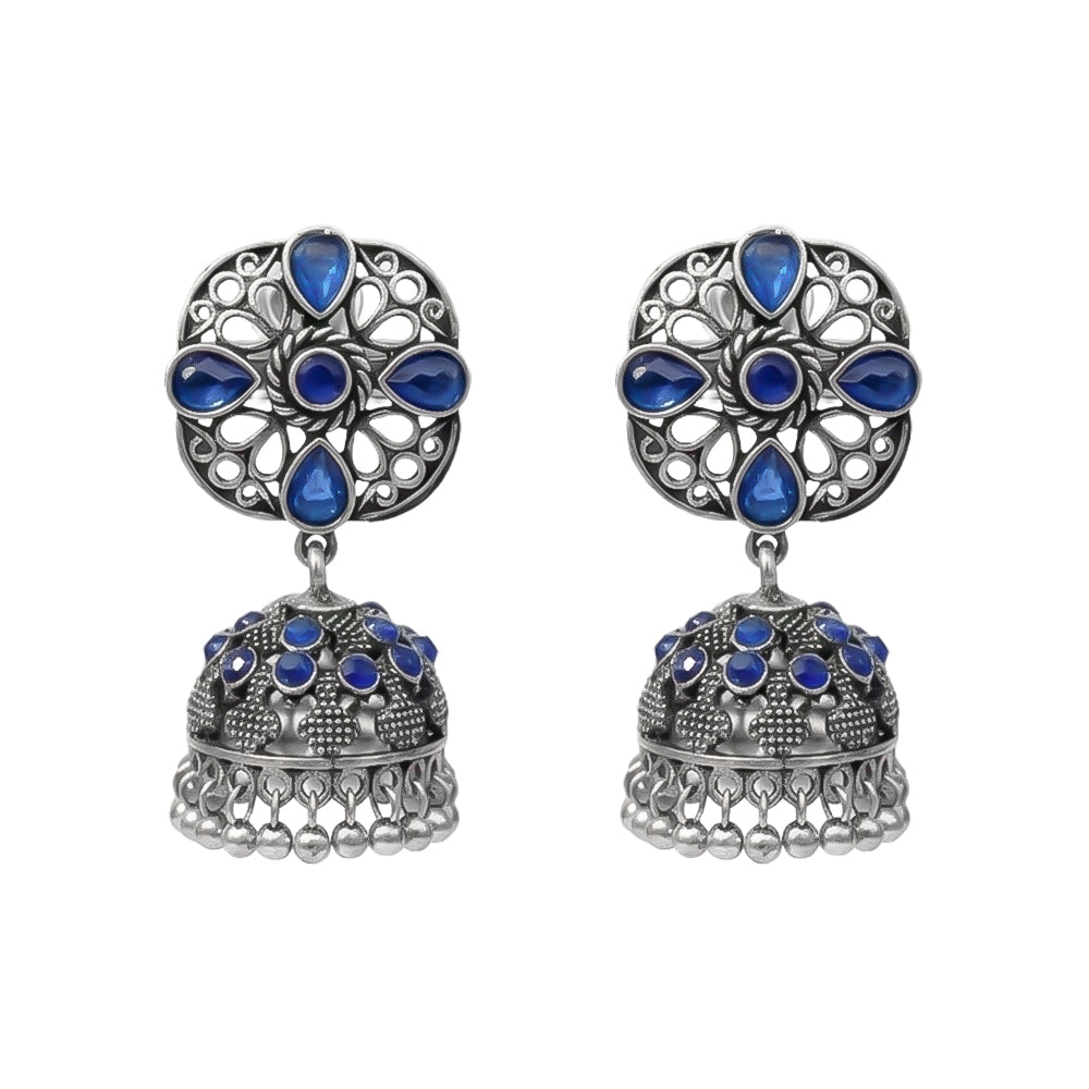oxidized floral jhumka earrings with Blue stone detailing.