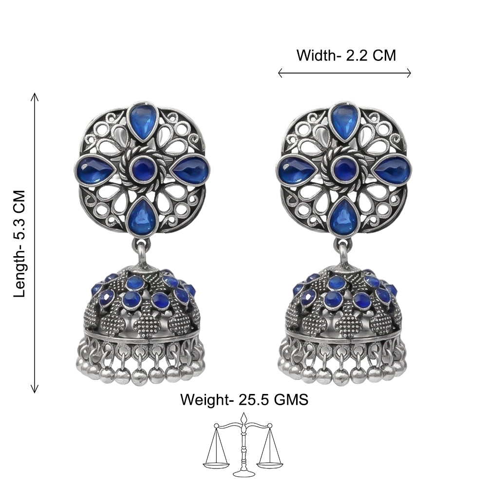 Oxidised Floral Jhumka Earring with Blue stone detailing.