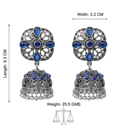 Oxidised Floral Jhumka Earring with Blue stone detailing.