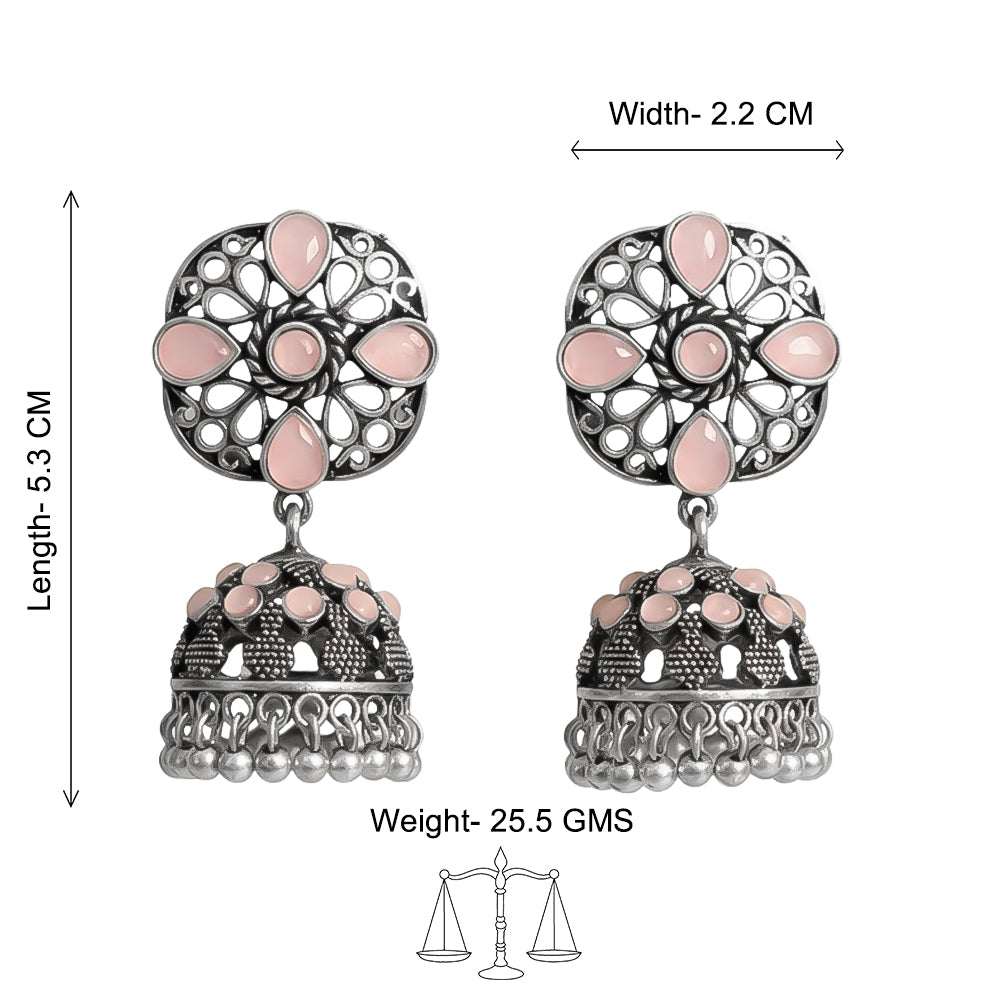 Oxidised Floral Jhumka earring with Baby pink stone detailing.