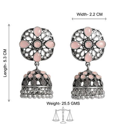 Oxidised Floral Jhumka earring with Baby pink stone detailing.