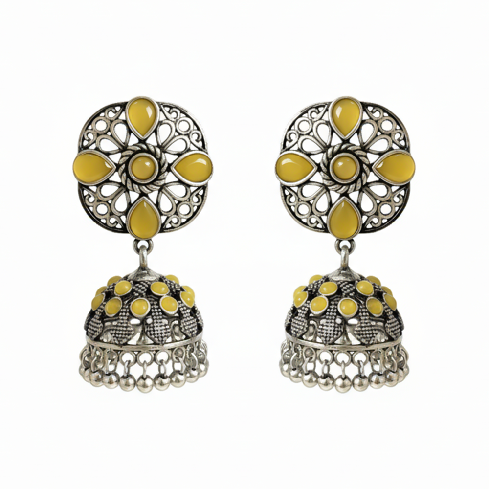 oxidized floral jhumka earrings with yellow stone detailing.