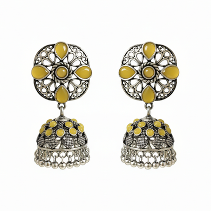 oxidized floral jhumka earrings with yellow stone detailing.