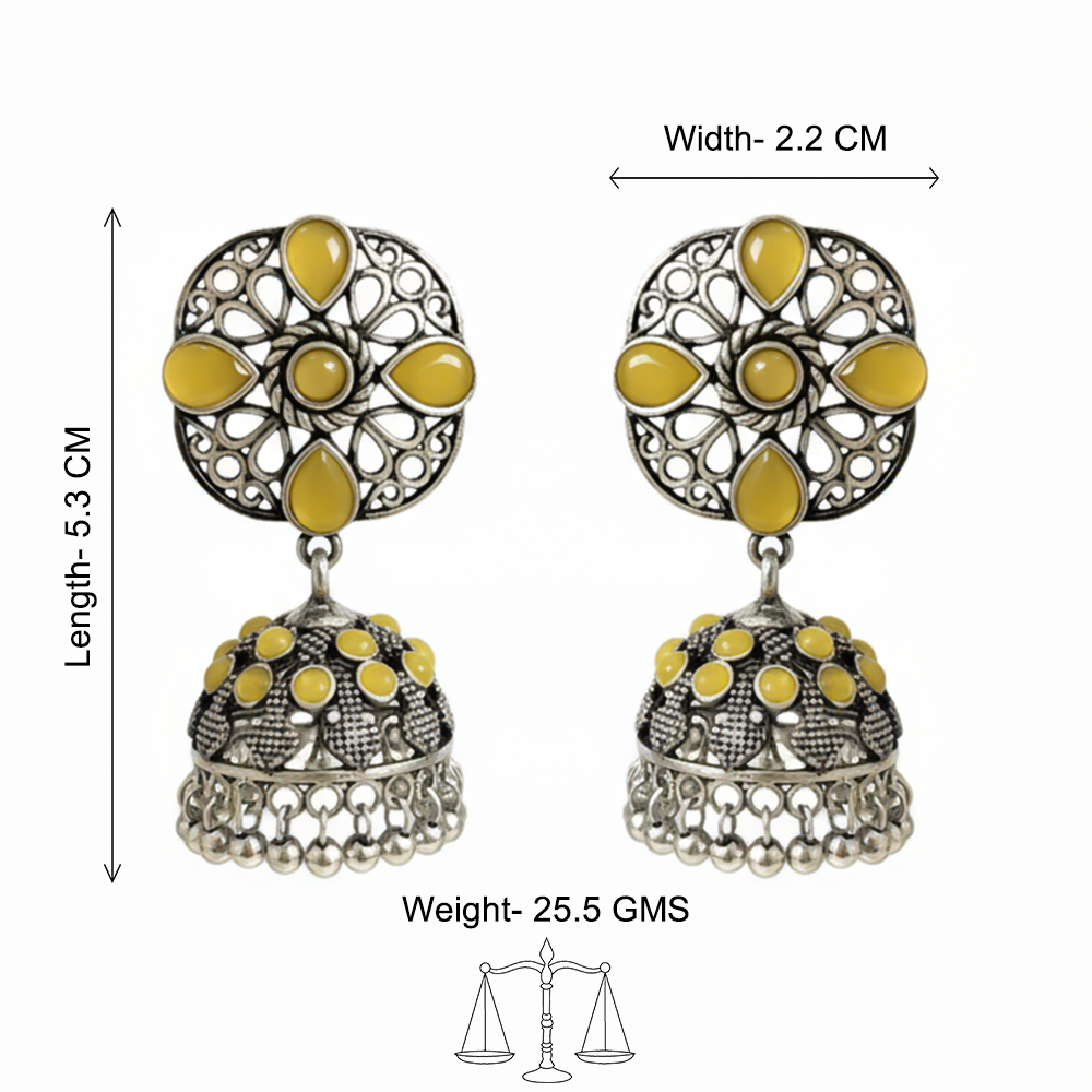 oxidized floral jhumka earrings with yellow stone detailing.