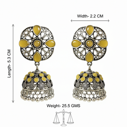 oxidized floral jhumka earrings with yellow stone detailing.