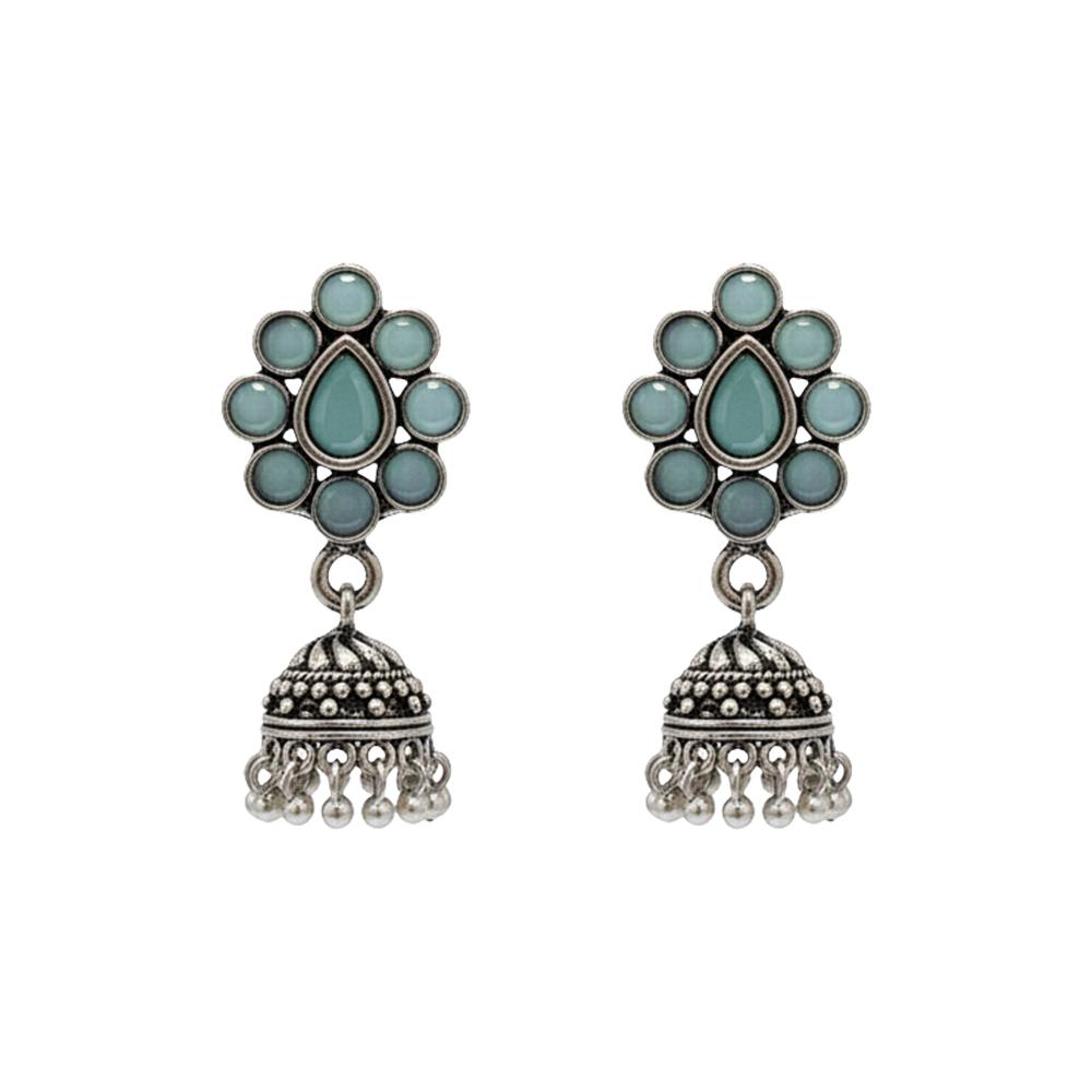 oxidized mint floral jhumka earrings with teardrop motif