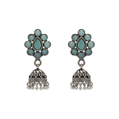 oxidized mint floral jhumka earrings with teardrop motif