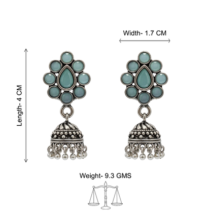 oxidized mint floral jhumka earrings with teardrop motif